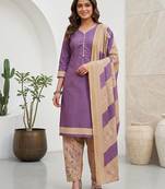 Purple printed cotton blend stitched geometric print salwar kurta dupatta for women
