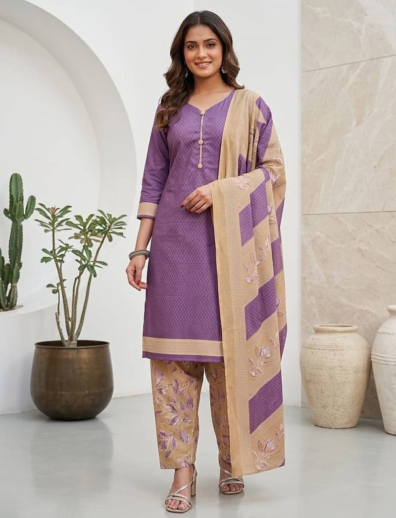 Purple printed cotton blend stitched geometric print salwar kurta dupatta for women