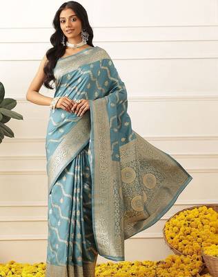 Blue woven art silk traditional saree with blouse piece 1