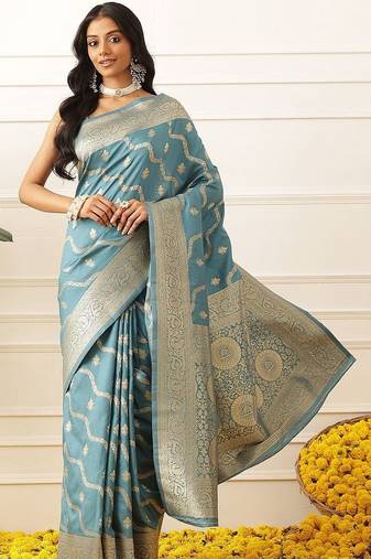 Blue woven art silk traditional saree with blouse piece
