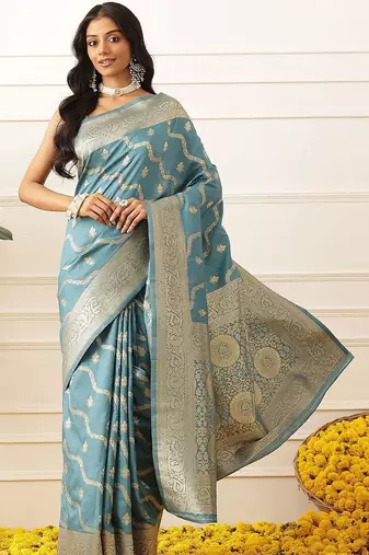 Blue woven art silk traditional saree with blouse piece