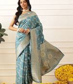 Blue woven art silk traditional saree with blouse piece