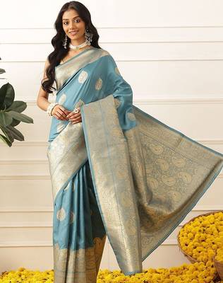 Blue woven art silk traditional saree with blouse piece 1