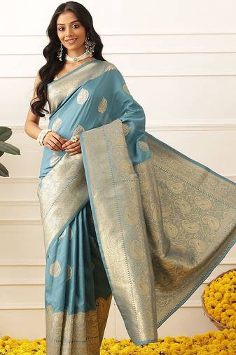 Blue woven art silk traditional saree with blouse piece
