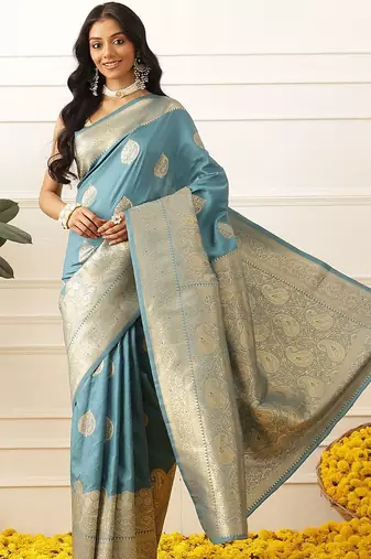 Blue woven art silk traditional saree with blouse piece