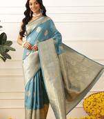 Blue woven art silk traditional saree with blouse piece