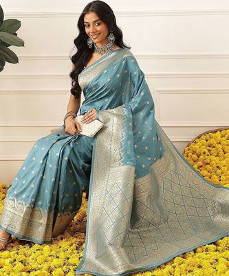 Turquoise woven art silk traditional saree with blouse piece 3