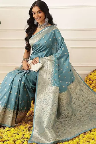 Turquoise woven art silk traditional saree with blouse piece