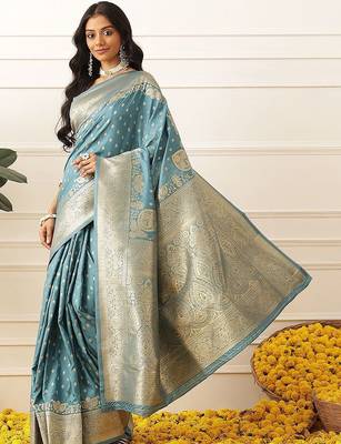 Teal woven art silk traditional saree with blouse piece 1