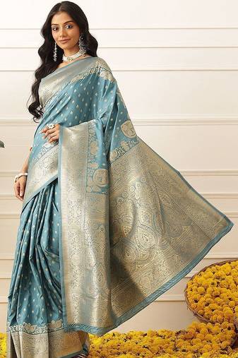 Teal woven art silk traditional saree with blouse piece