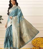 Teal woven art silk traditional saree with blouse piece