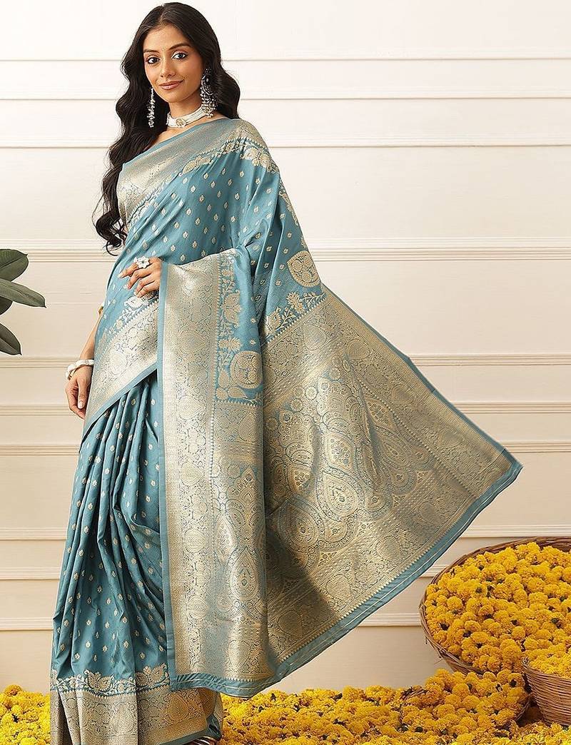 Teal woven art silk traditional saree with blouse piece