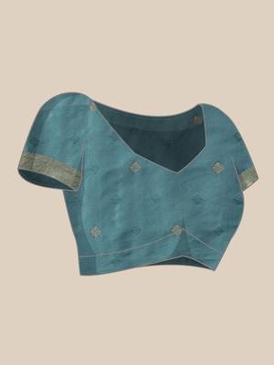Turquoise woven art silk traditional saree with blouse piece 4
