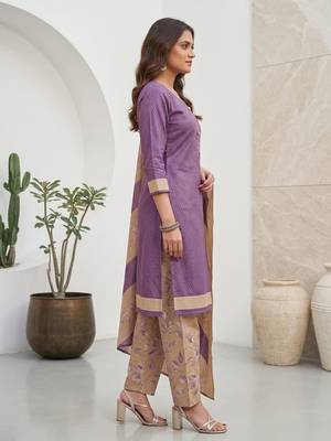 Purple printed cotton blend stitched geometric print salwar kurta dupatta for women 2