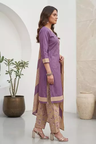 Purple printed cotton blend stitched geometric print salwar kurta dupatta for women