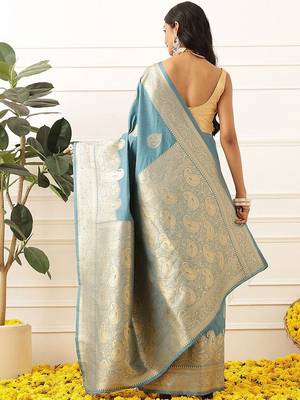 Blue woven art silk traditional saree with blouse piece 2