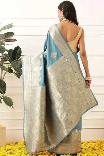 Blue woven art silk traditional saree with blouse piece