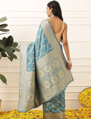 Blue woven art silk traditional saree with blouse piece 2