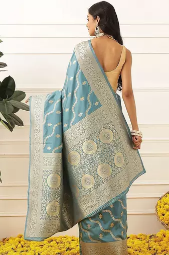 Blue woven art silk traditional saree with blouse piece