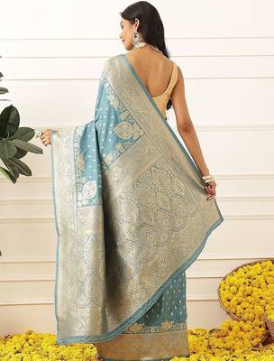 Teal woven art silk traditional saree with blouse piece 2