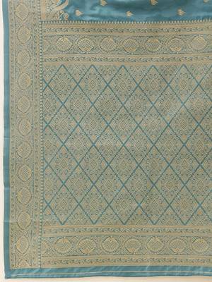Turquoise woven art silk traditional saree with blouse piece 5