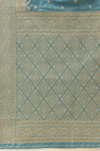 Turquoise woven art silk traditional saree with blouse piece