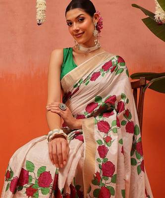 Beige printed silk blend ethnic saree with blouse piece 1