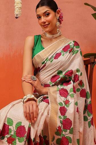 Beige printed silk blend ethnic saree with blouse piece
