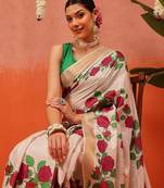 Beige printed silk blend ethnic saree with blouse piece