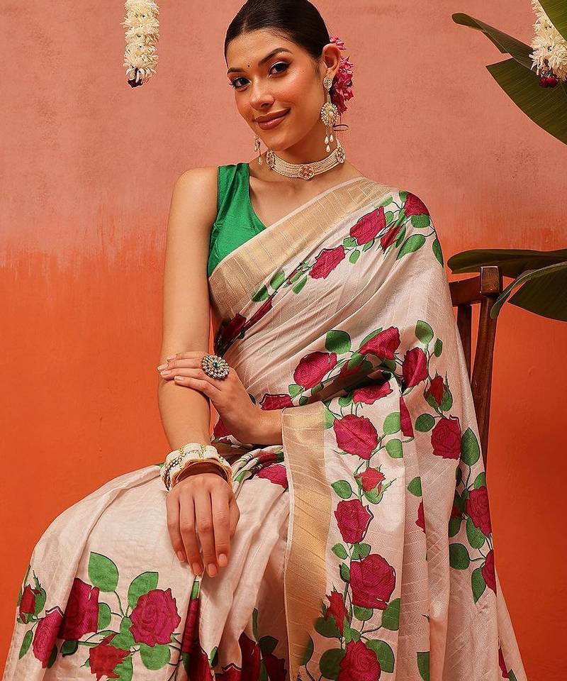 Beige printed silk blend ethnic saree with blouse piece
