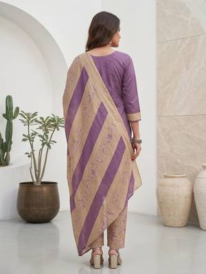 Purple printed cotton blend stitched geometric print salwar kurta dupatta for women 3