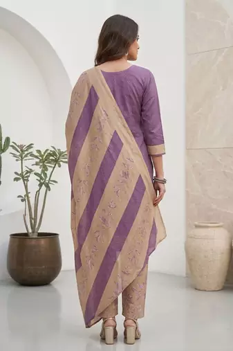 Purple printed cotton blend stitched geometric print salwar kurta dupatta for women