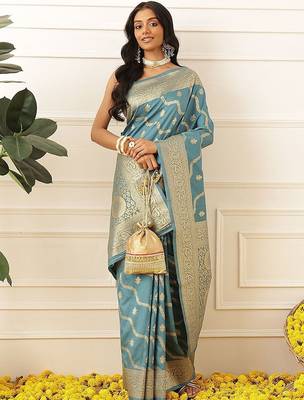 Blue woven art silk traditional saree with blouse piece 3
