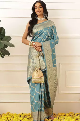 Blue woven art silk traditional saree with blouse piece