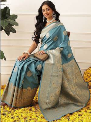 Blue woven art silk traditional saree with blouse piece 3