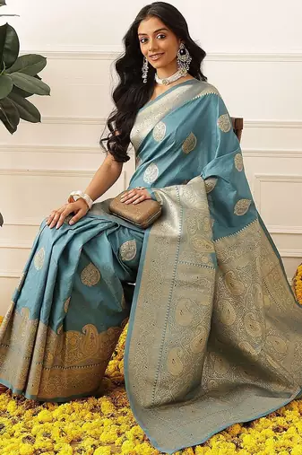 Blue woven art silk traditional saree with blouse piece