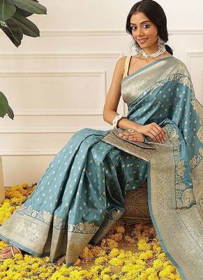 Teal woven art silk traditional saree with blouse piece 3