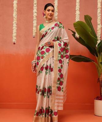 Beige printed silk blend ethnic saree with blouse piece 2