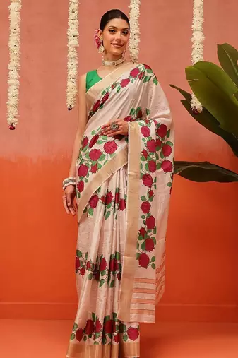 Beige printed silk blend ethnic saree with blouse piece