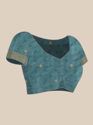 Teal woven art silk traditional saree with blouse piece 4