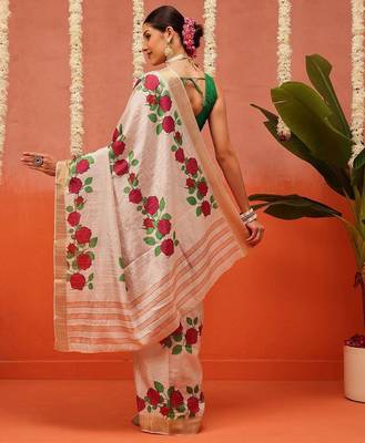 Beige printed silk blend ethnic saree with blouse piece 3