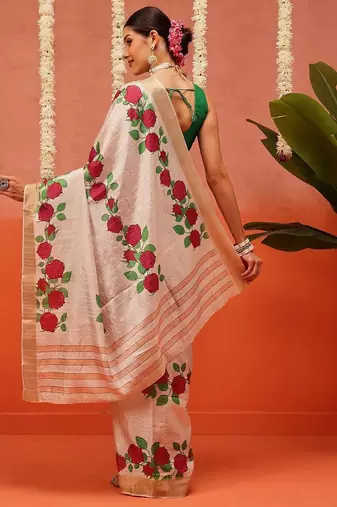 Beige printed silk blend ethnic saree with blouse piece