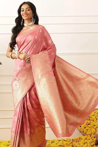 Pink woven art silk traditional saree with blouse piece
