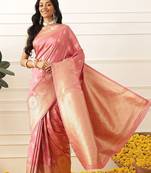 Pink woven art silk traditional saree with blouse piece