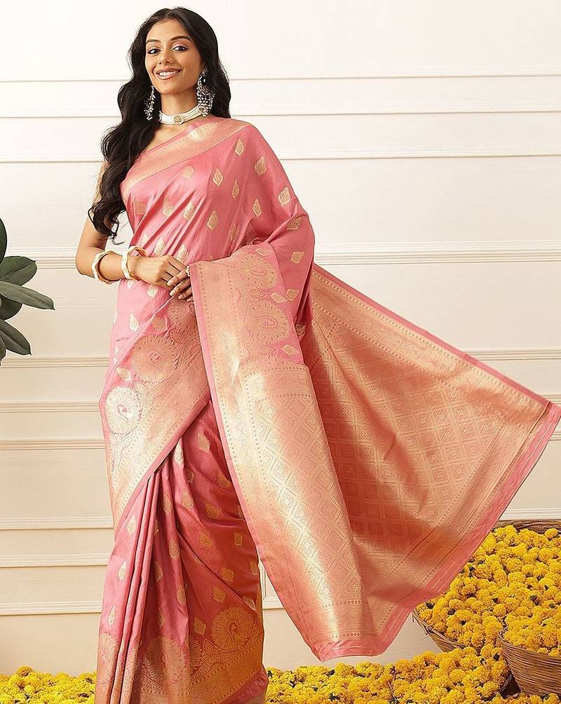 Pink woven art silk traditional saree with blouse piece