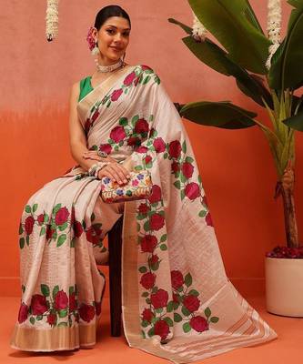 Beige printed silk blend ethnic saree with blouse piece 4