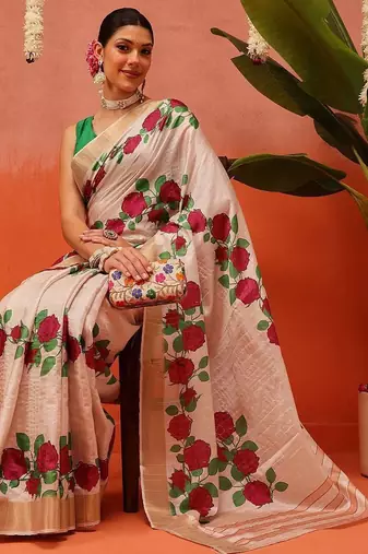 Beige printed silk blend ethnic saree with blouse piece