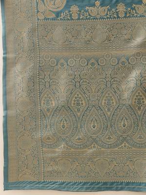Teal woven art silk traditional saree with blouse piece 5