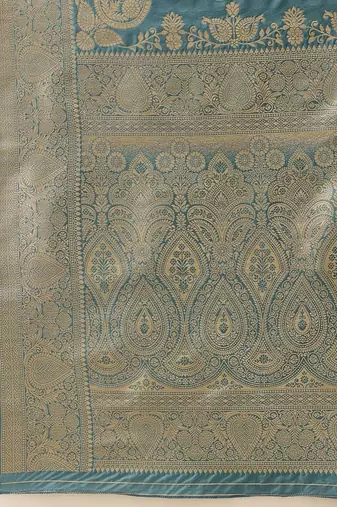 Teal woven art silk traditional saree with blouse piece