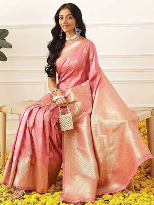 Pink woven art silk traditional saree with blouse piece 2